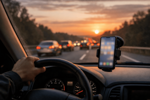 Смартфон в держателе и дорога впереди в салоне авто